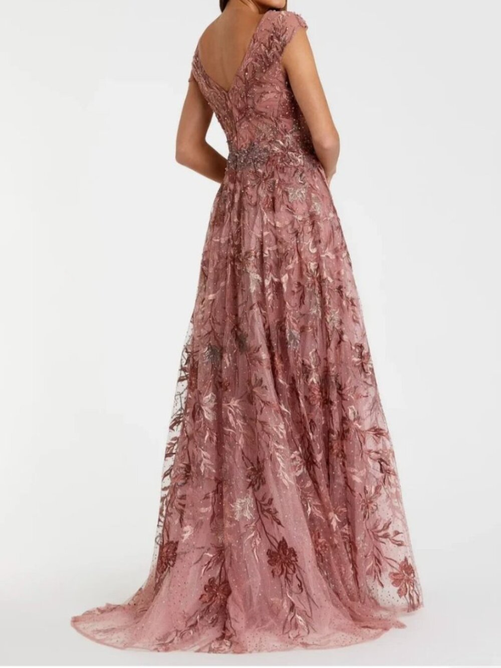 Mac Duggal Pink Embroidered Illusion Cap Sleeve A Line Gown